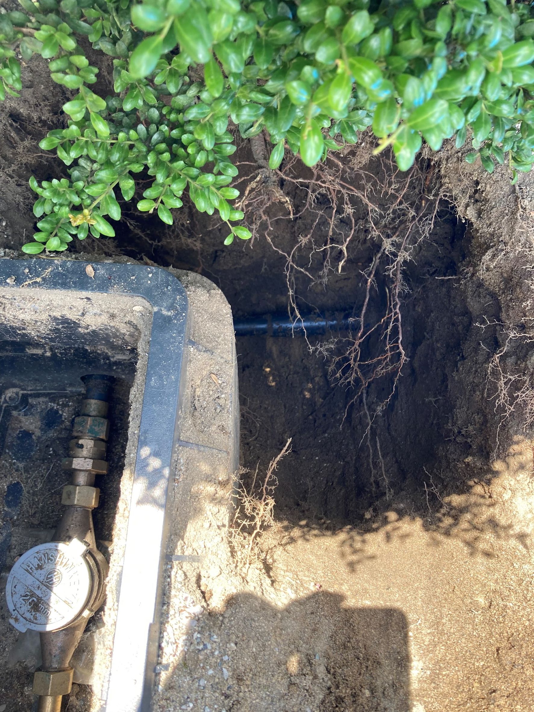 水道配管が見えるまで掘削された様子